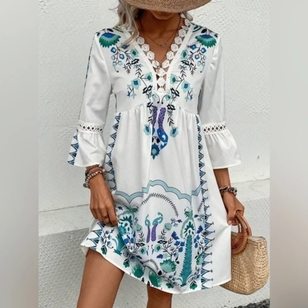 Boho Print Lace Hem Midi dress all sizes